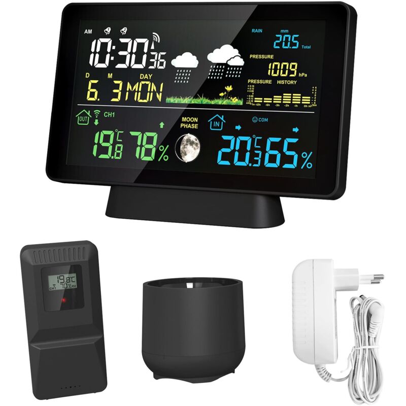 Wetterstation, 7,5 Zoll Farbbildschirm, Wetterstation, Regenmesser, Temperatur- und Feuchtigkeitsmesser für Innen und Außen, Wetterstation mit