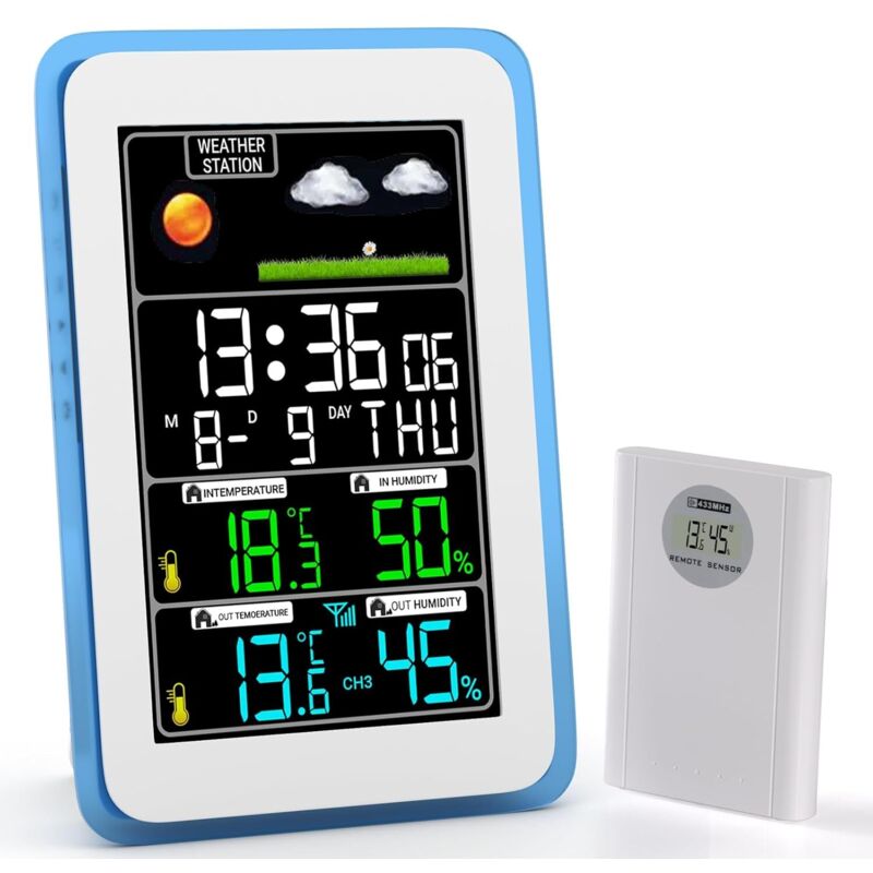 Wetterstation für Innen- und Außenbereich, Kabellose Wetterstation, Innen- und Außenthermometer, Hygrometer, Barometer mit LED-Display,