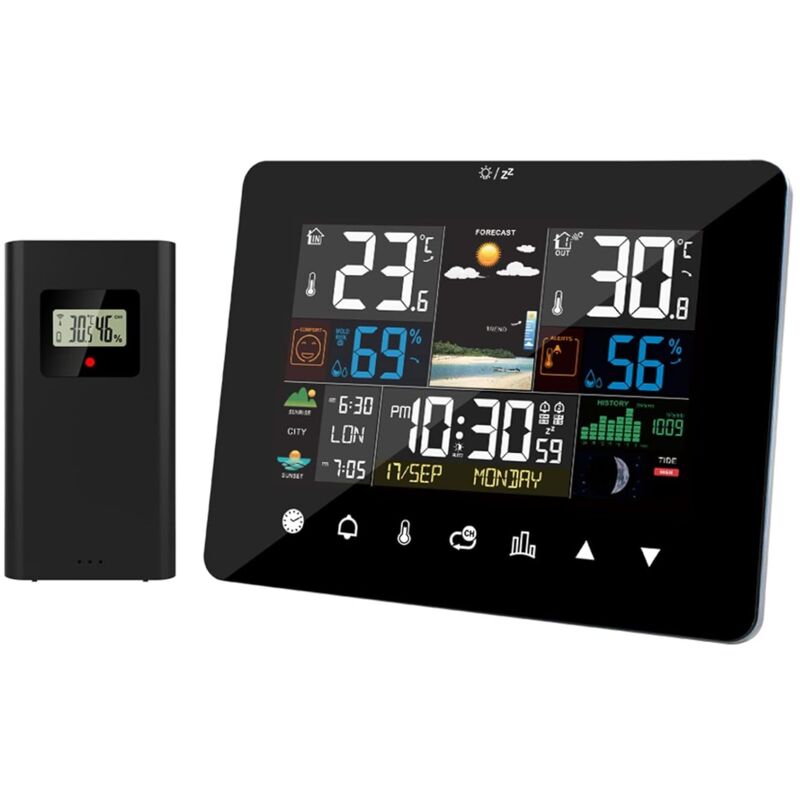 Wetterstation mit kabellosem Sensor für drinnen und draußen, Sonnenaufgang und Sonnenuntergang, Wetterstation, Wecker, Thermometer, Hygrometer,