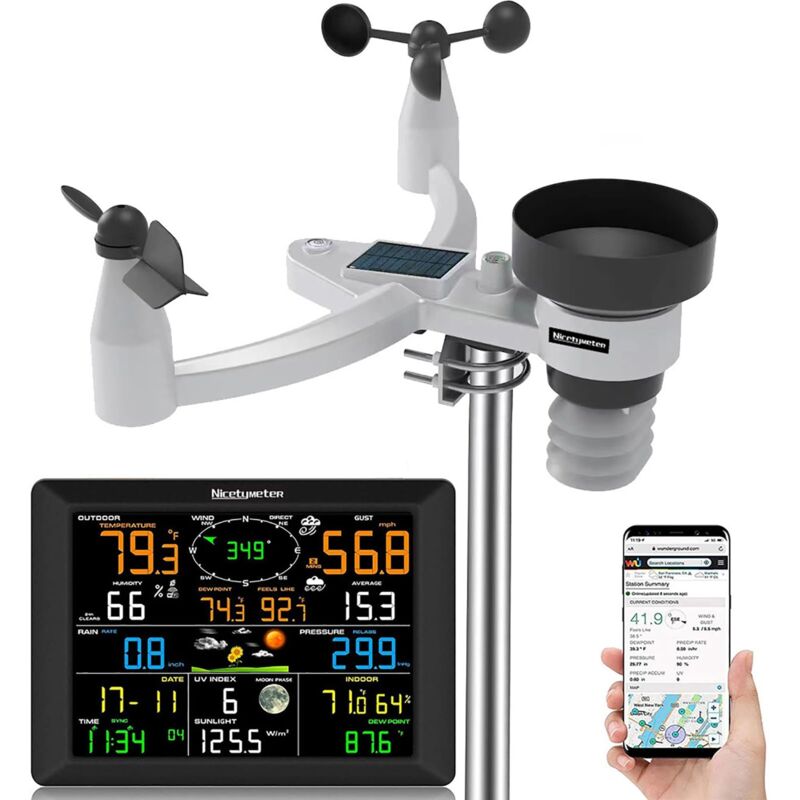 Wetterstation, WLAN-Wetterstation mit 7-in-1-Außensensor, Regenmesser, Windrichtungs- und -geschwindigkeitsanzeige, WLAN-fähiger Außentemperatur- und