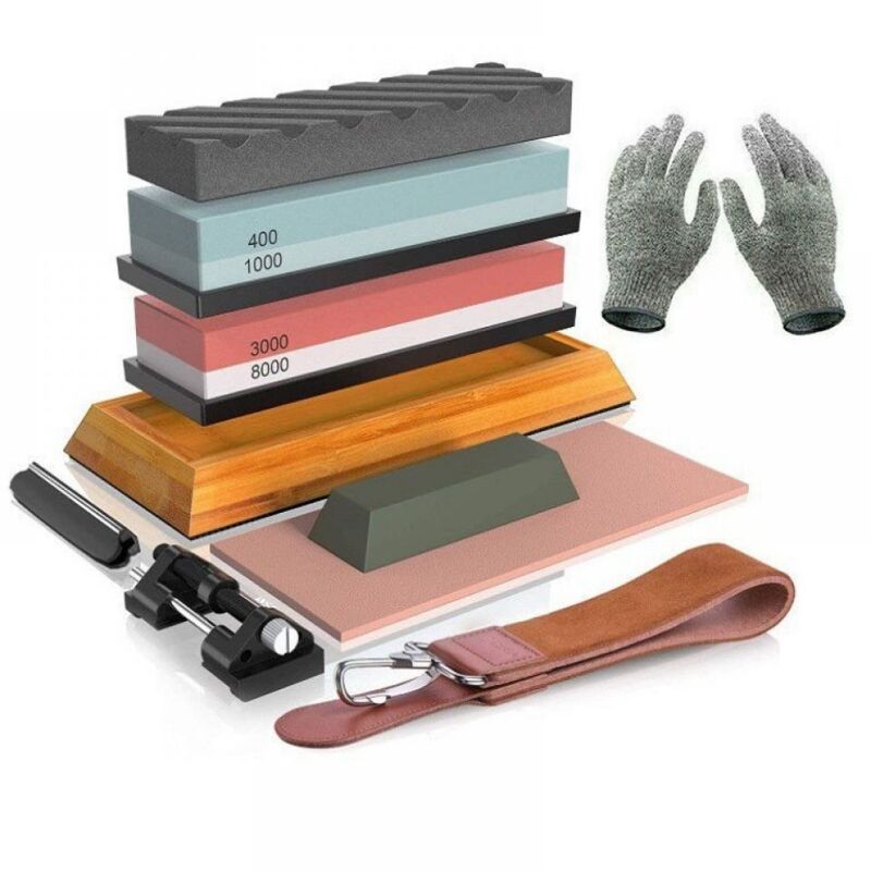 Wetzstein - Professionelles Messer-Schärfset 400/1000 3000/8000 mit rutschfester Basis, Glättstein, Winkelhilfe, Lederband und schnittfeste