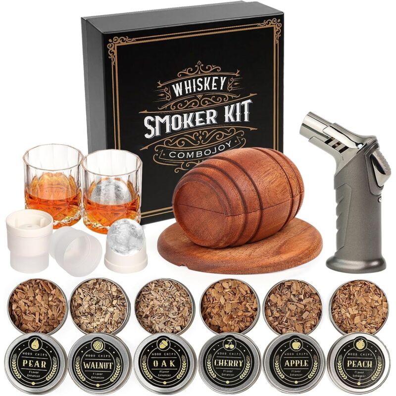 Whisky-Räucherset mit Brenner – 6 Holzchip-Aromen, 2 Gläser, 2 kugelförmige Eiswürfelformen – Cocktail-Räucherset, Geschenk für Männer, Geburtstag,