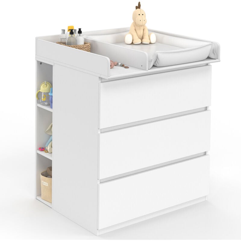 Wickelkommode AMBRE weiß 3 Schubladen Wickelaufsatz und 2 abnehmbare Regale