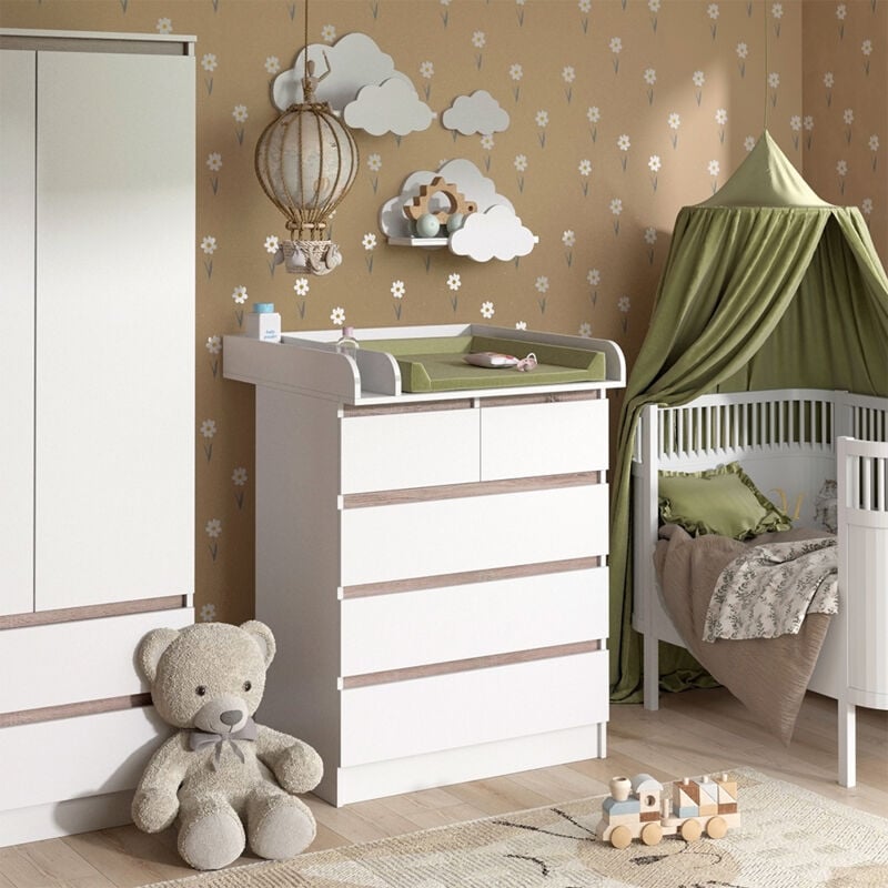 Vicco - Wickelkommode Emma, Weiß/Sonoma, 80 x 110.2 cm mit 5 Schubladen