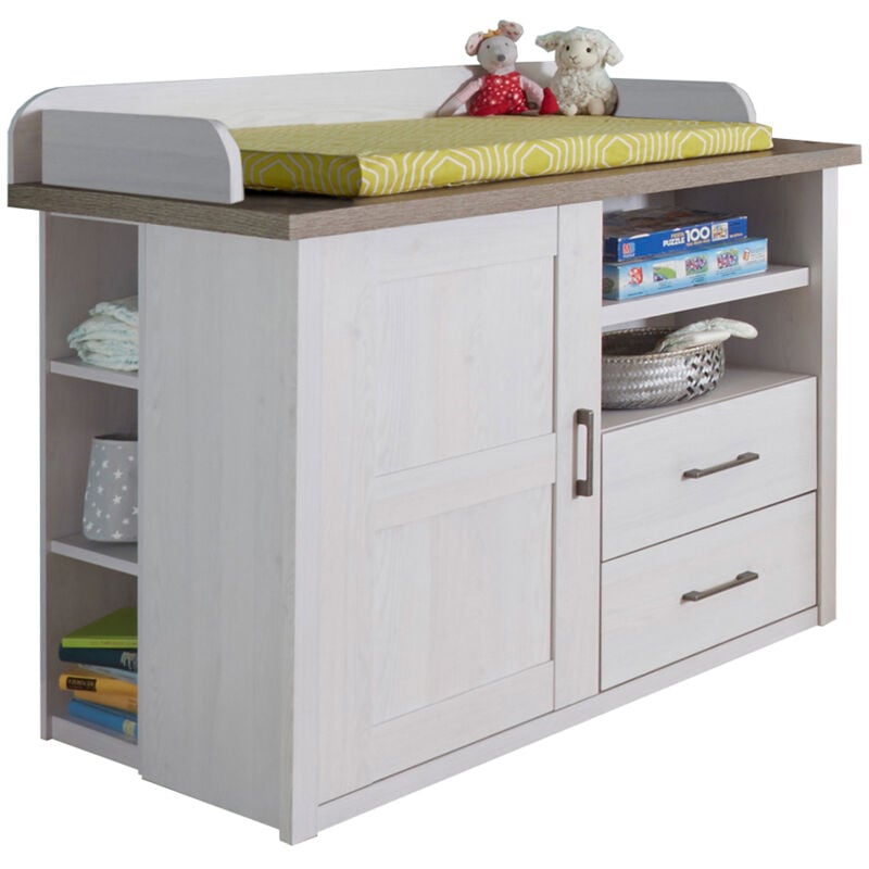 Wickelkommode im Landhaus Stil LUND-78 in Pinie weiß Nb./Trüffel Eiche Nb., b/h/t: ca. 106/102/75 cm