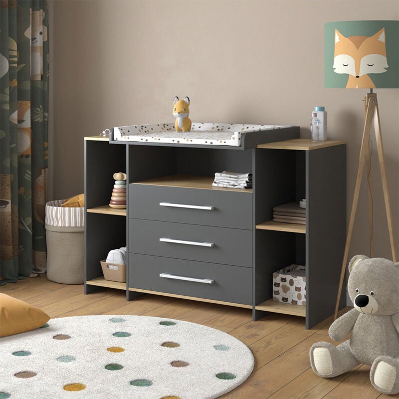 Wickelkommode Oskar, Anthrazit/Goldkraft Eiche, 143.2 x 93 cm mit 3 Schubladen, Vicco