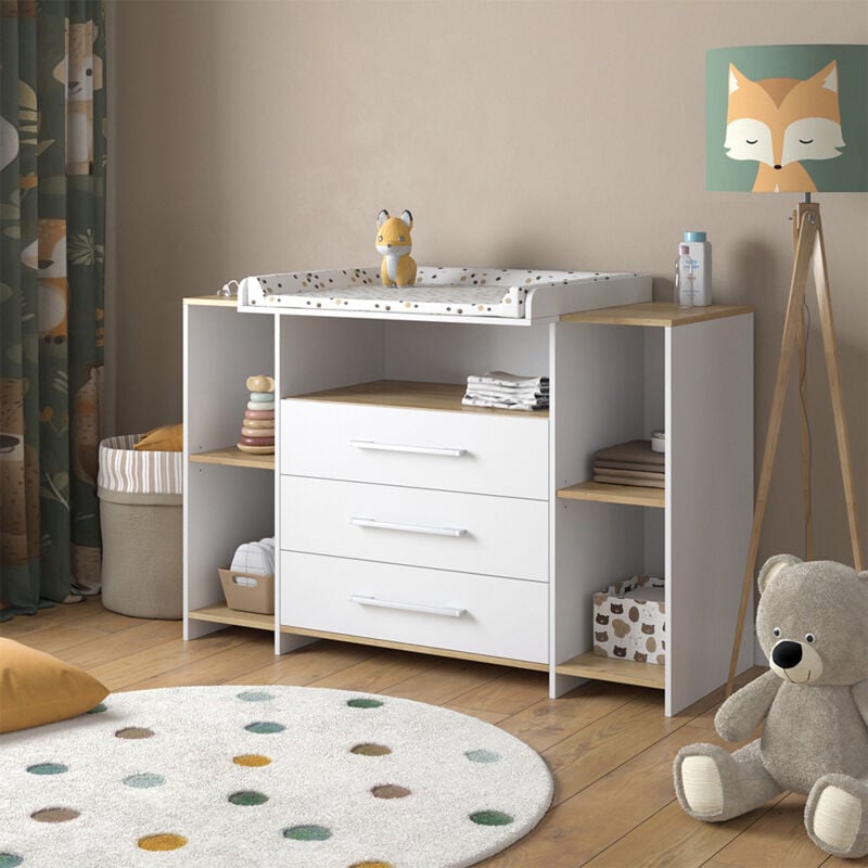 Wickelkommode Oskar, Weiß/Goldkraft Eiche, 143.2 x 93 cm mit 3 Schubladen, Vicco