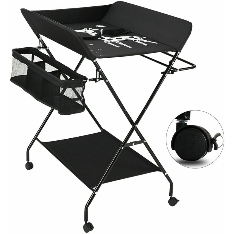 Wickeltisch Wickeltischauflage Mit 3 Fächer Wickelkommode Baby Wickelkombi Wickelauflage Klappbar Schwarz mit Rädern