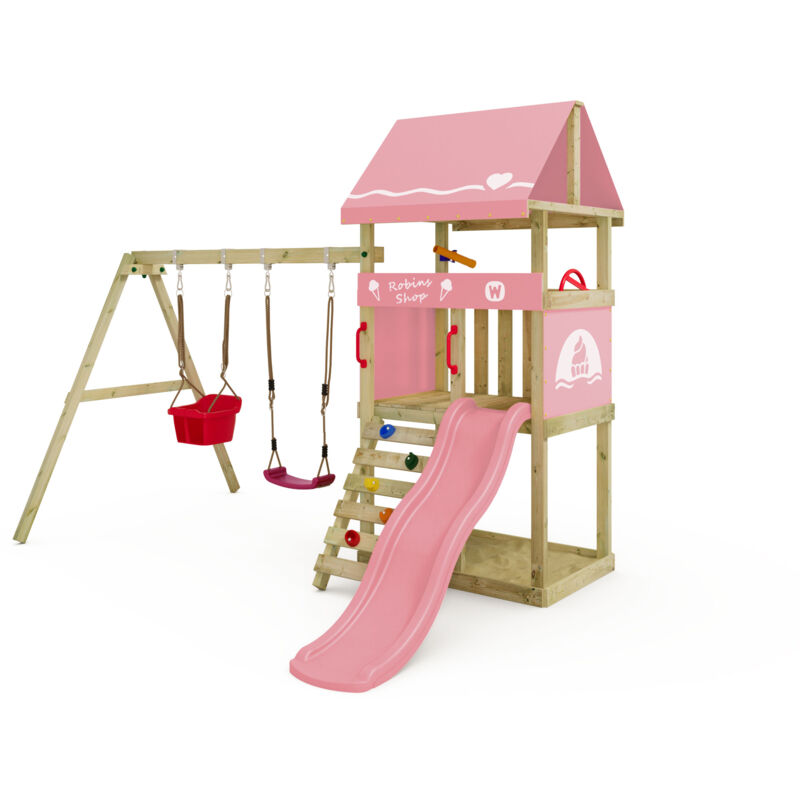 Klettergerüst Spielturm DinkyHouse für Kleinkinder mit Rutsche und Kinderschaukel, Babyschaukel mit Sicherheitsgurten – Pastellpink - Wickey