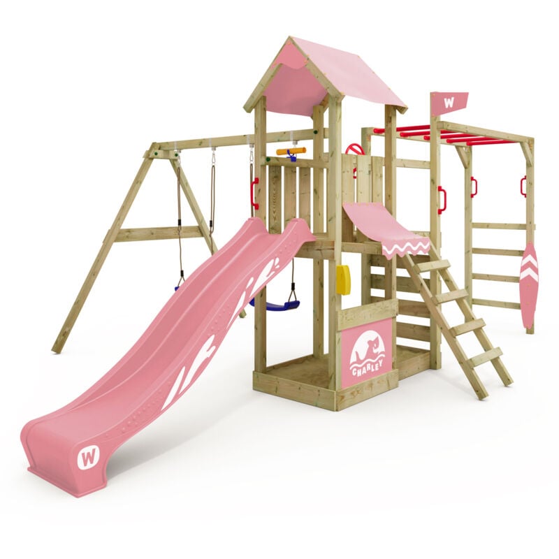 Klettergerüst Spielturm Smart Baboon mit Schaukel & Rutsche, Kletterturm mit Sandkasten, Leiter & Spiel-Zubehör – Pastellpink - Wickey