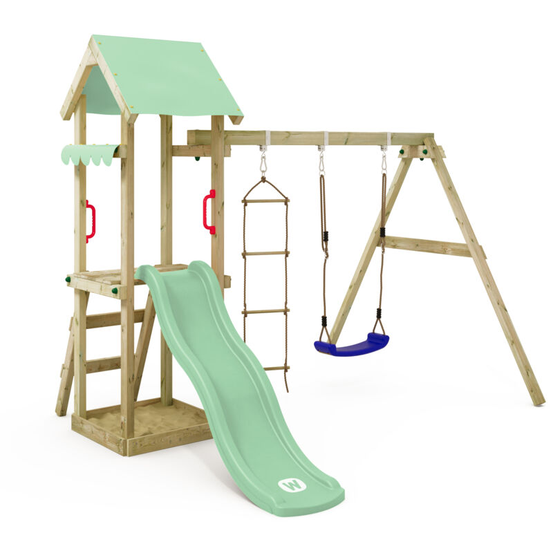 Spielturm Klettergerüst TinyCabin mit Schaukel & Rutsche, Kletterturm mit Sandkasten, Leiter & Spiel-Zubehör – Pastellgrün - Wickey