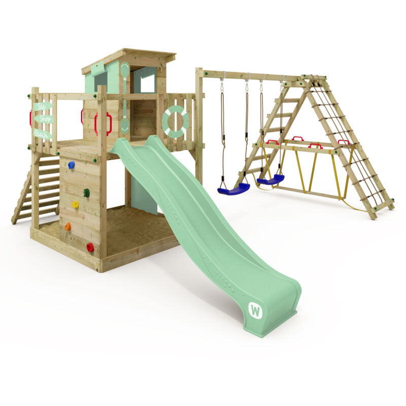 Spielturm Klettergerüst Smart Surf, Schaukel & Rutsche, Kletterturm mit Sandkasten, Leiter & Spiel-Zubehör - pastellgrün - Wickey