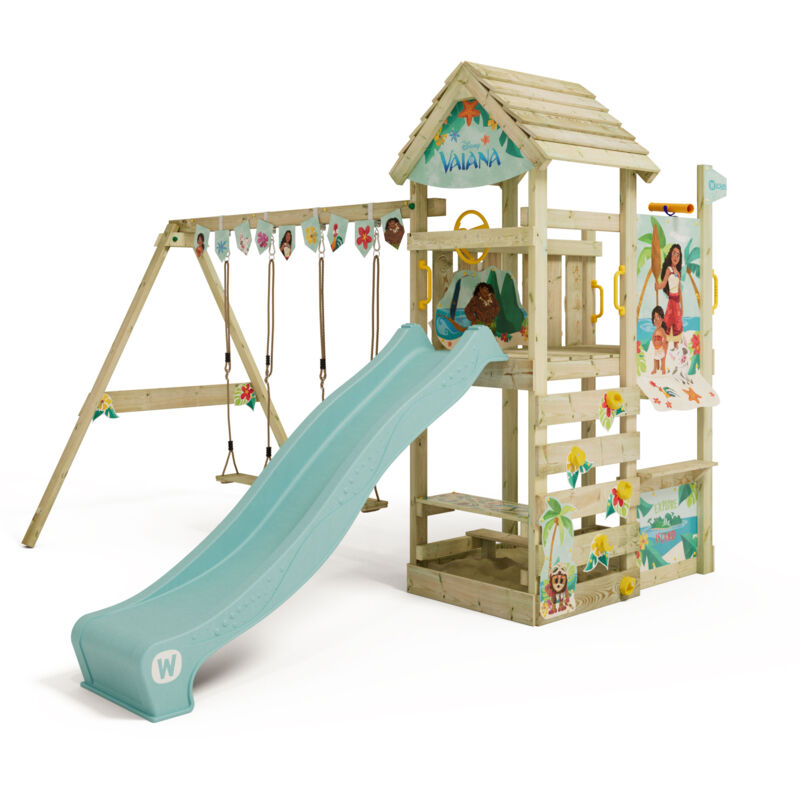 Spielturm Klettergerüst Disney Adventure mit Schaukel & Rutsche, Kletterturm mit Holzdach, Sandkasten, Leiter & Spiel-Zubehör – Vaiana - Wickey