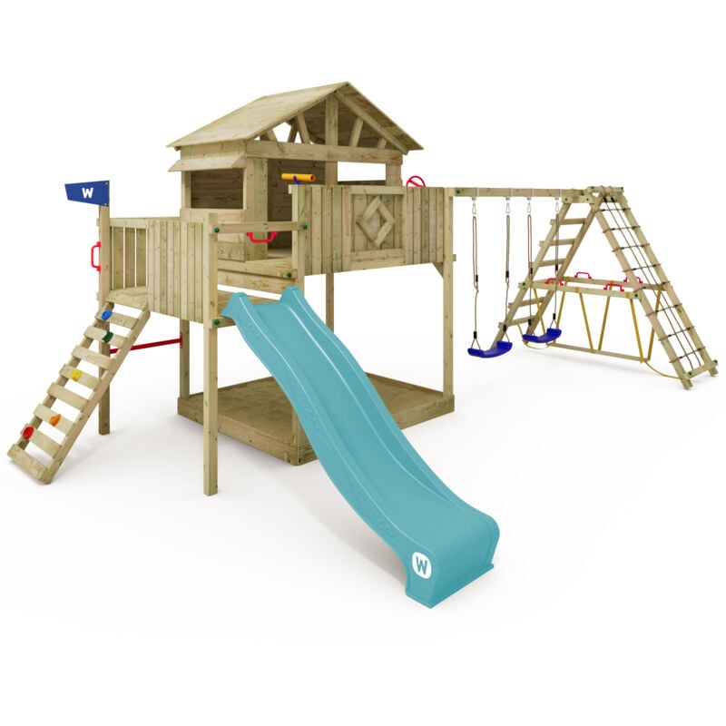 Spielturm Klettergerüst Smart Fjord mit Schaukel & Rutsche, Stelzenhaus mit Sandkasten, Kletterleiter & Spiel-Zubehör – Pastellblau - Wickey