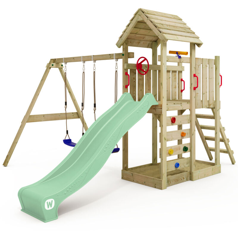 Spielturm Klettergerüst MultiFlyer Holzdach mit Schaukel & Rutsche, Kletterturm mit Holzdach, Sandkasten, Leiter & Spiel-Zubehör - pastellgrün