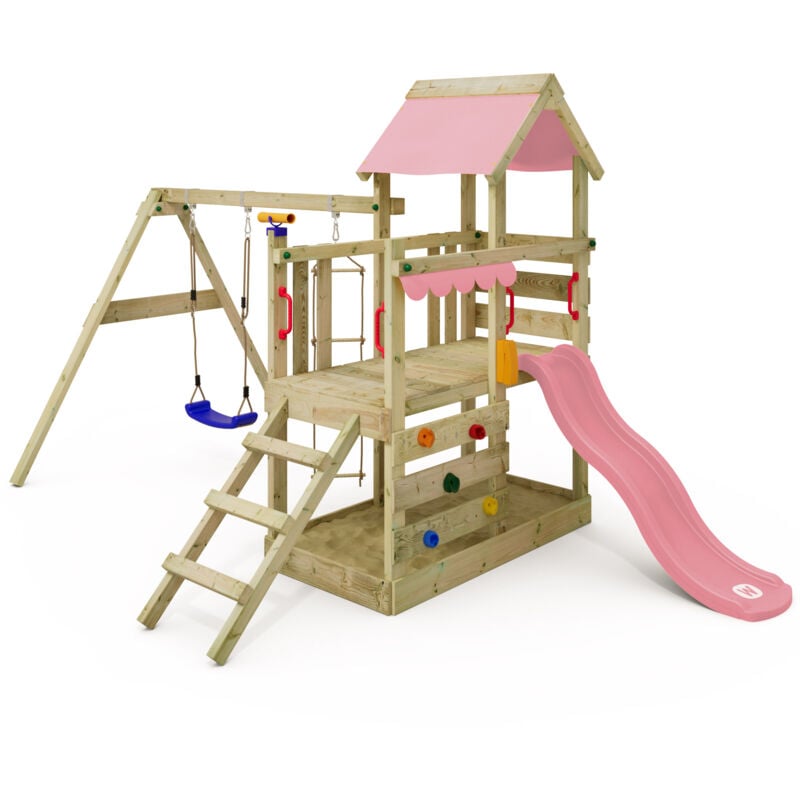 Spielhaus Spielturm TurboFlyer mit Schaukel & Rutsche, Kletterturm mit Sandkasten, Leiter & Spiel-Zubehör – Pastellpink - Wickey