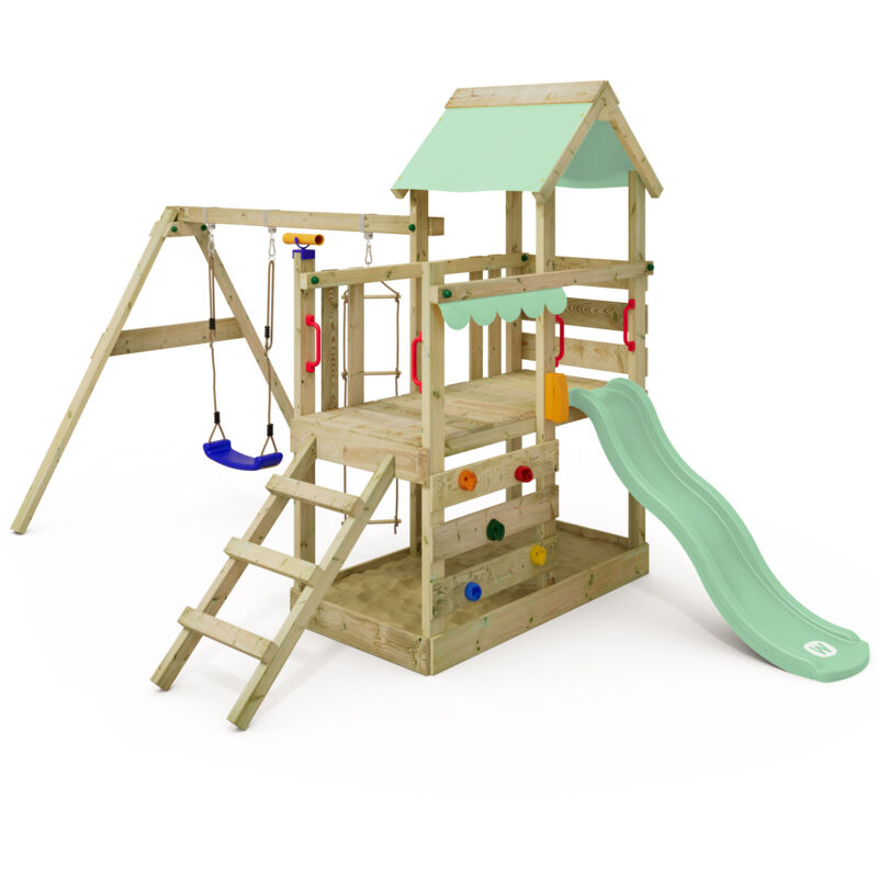 Spielhaus Spielturm TurboFlyer mit Schaukel & Rutsche, Kletterturm mit Sandkasten, Leiter & Spiel-Zubehör – Pastellgrün - Wickey