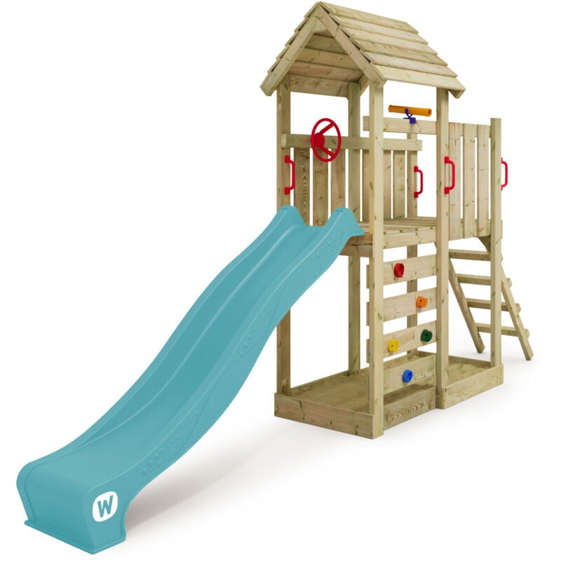 Stelzenhaus Klettergerüst JoyFlyer mit Rutsche, Kletterturm mit Sandkasten, Leiter & Spiel-Zubehör – Pastellblau - Wickey