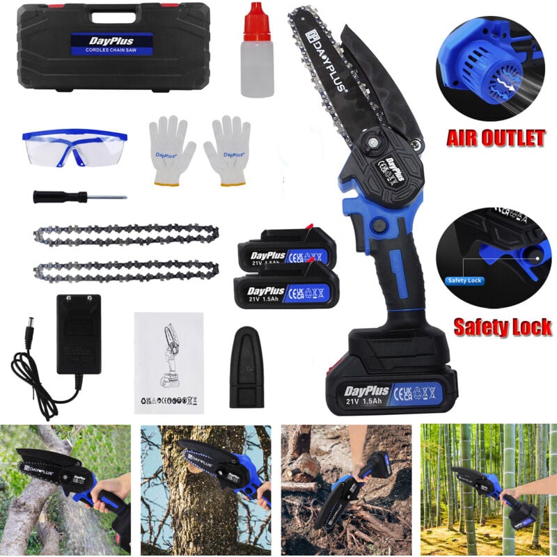 Dayplus - Wiederaufladbare 6 Zoll Akku bürstenlose elektrische Kettensäge 21V batteriebetriebene Kettensäge mit 2-Batterie