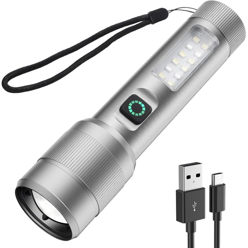 Wiederaufladbare Hochleistungs-Taschenlampe, 5000 Lumen superhelle LED-Taschenlampe, taktische Taschenlampe mit COB-Seitenlicht, wasserdicht