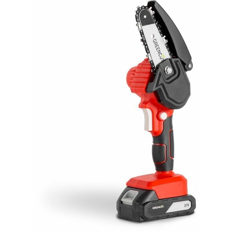Mini-Akku-Kettensäge, 4-Zoll-Sägeblatt, 10 cm Schnittlänge, Astschnitt, 1 kg, 1 Akku + 1 Ladegerät im Lieferumfang enthalten – Greencut GSM210L