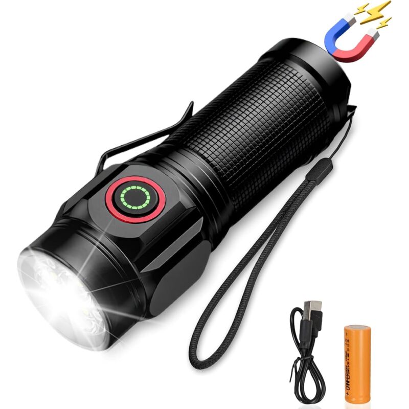 Wiederaufladbare LED-Taschenlampe, superhelle Taschenlampe, leistungsstarke Taschenlampe mit Clip, 5 Leuchtmodi, einstellbarer Fokus, wasserabweisend