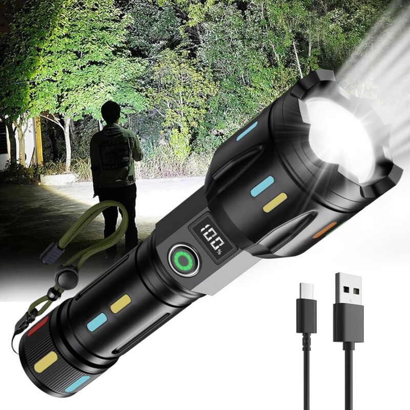 Wiederaufladbare LED-Taschenlampe, USB-Taschenlampe mit Zoom, Notfall-Taschenlampe mit Akkuanzeige, Camping-Taschenlampe