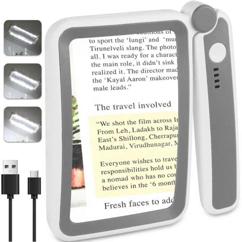 Wiederaufladbare Leselupe mit Beleuchtung, großformatige 4-fache Vergrößerungslupe mit LED-Beleuchtung, faltbar und tragbar zum Lesen von