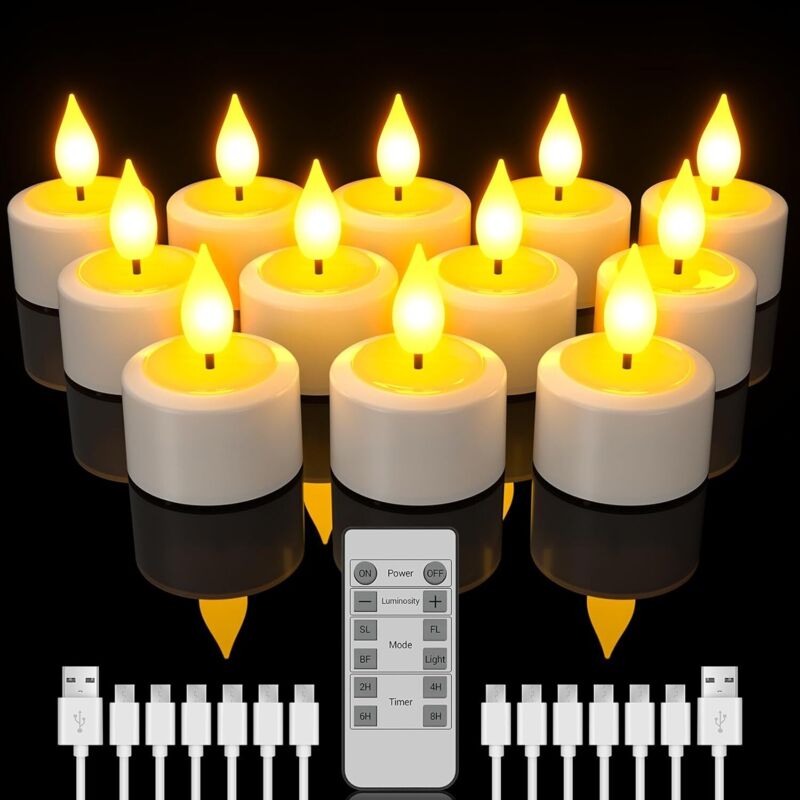 Wiederaufladbare Teelichter, 12 Stück Wiederaufladbare Kerzen Flackernd mit Fernbedienung und Timer, LED Kerzen mit 6-Port USB-C Kabel für Zuhause,