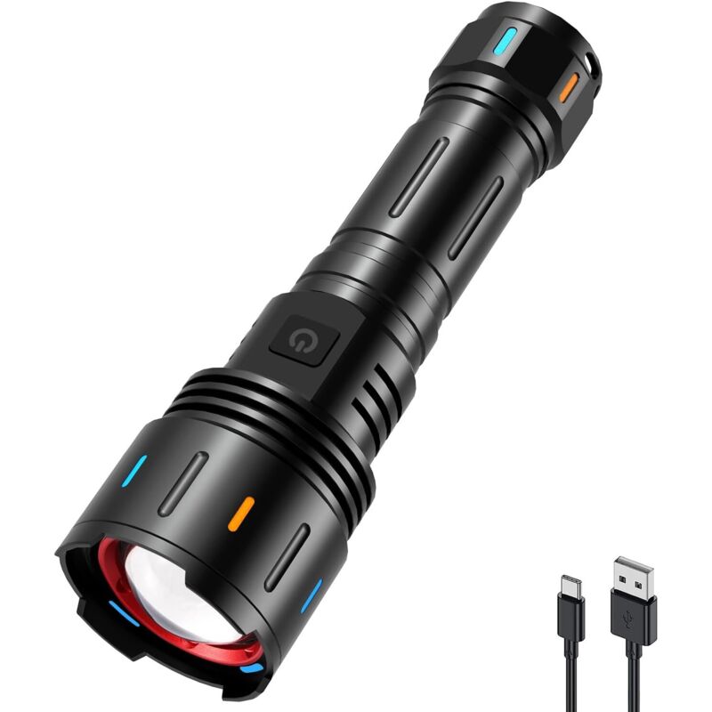 Wiederaufladbare Zoom-Taschenlampe F60, 6000 Lumen superhelle LED-Taschenlampe, 5 Zoommodi, wasserdichte taktische Taschenlampe