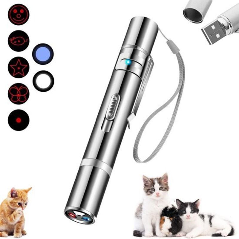 Wiederaufladbares Katzenlaserspielzeug per USB, 5-in-1-Laserpointer mit 5 Mustern und Trageband, interaktives Haustierspielzeug für Katzen und Hunde