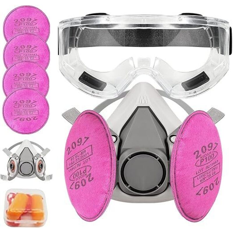 Wiederverwendbare Halbgesichtsmaske mit 4 Filtern (2097) und Schutzbrille, Gehörschutzstöpsel für Malerarbeiten, Staub, Chemikalien, Epoxidharz,