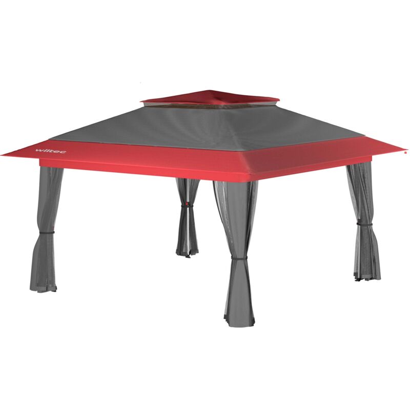 Faltpavillon Moskitonetz 3,92 x 3,92 m grau rot, Gartenpavillon mit Rädern und Mückennetz, Partyzelt mit 'One Push'-Technik und verstellbaren Beinen