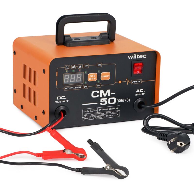 Wiltec Ladegerät 12-24 V, 16 Ah, 30-300 Ah für Autobatterie Kfz und Motorrad Starthilfe 490 W, intelligenter Lader mit LCD-Display und Tragegriff