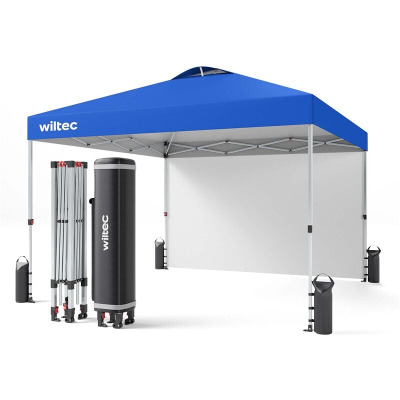 Wiltec Pop up Pavillon 3 x 3 m blau mit Seitenteil, Faltpavillon mit Rädern und „One Push“-Technologie, Gartenpavillon mit höhenverstellbaren Beinen
