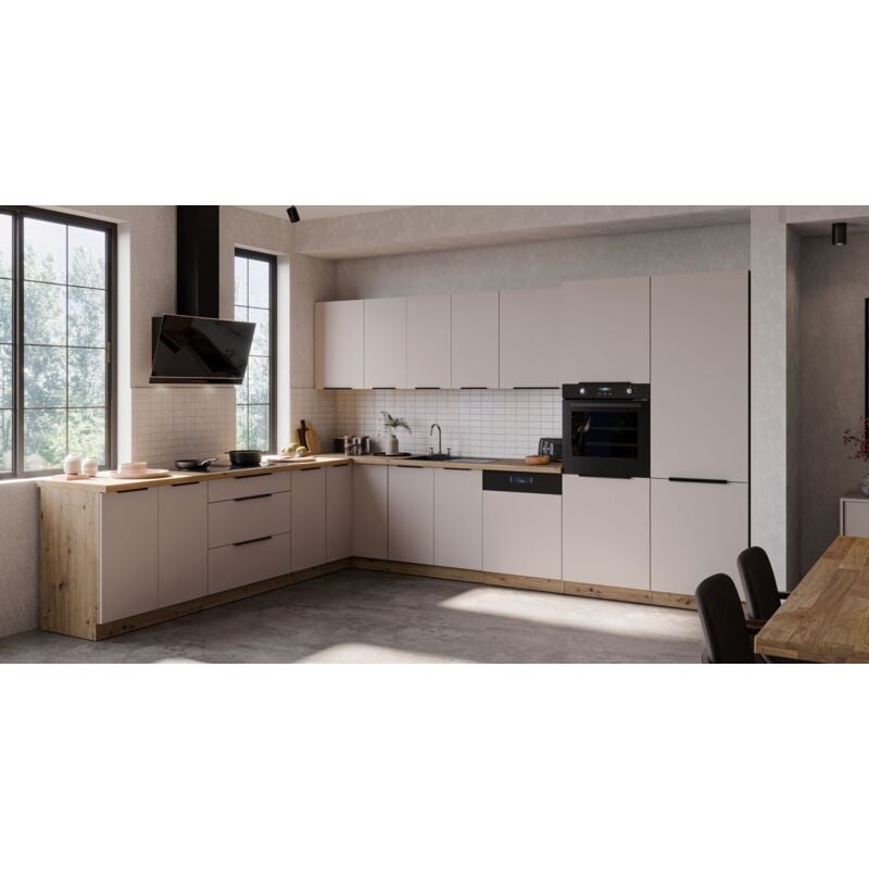 Winkelküche SOLANO 290x350 cm Küchenzeile Eckküche Einbauküche Küche Kaschmir beige matt + Eiche Artisan matt