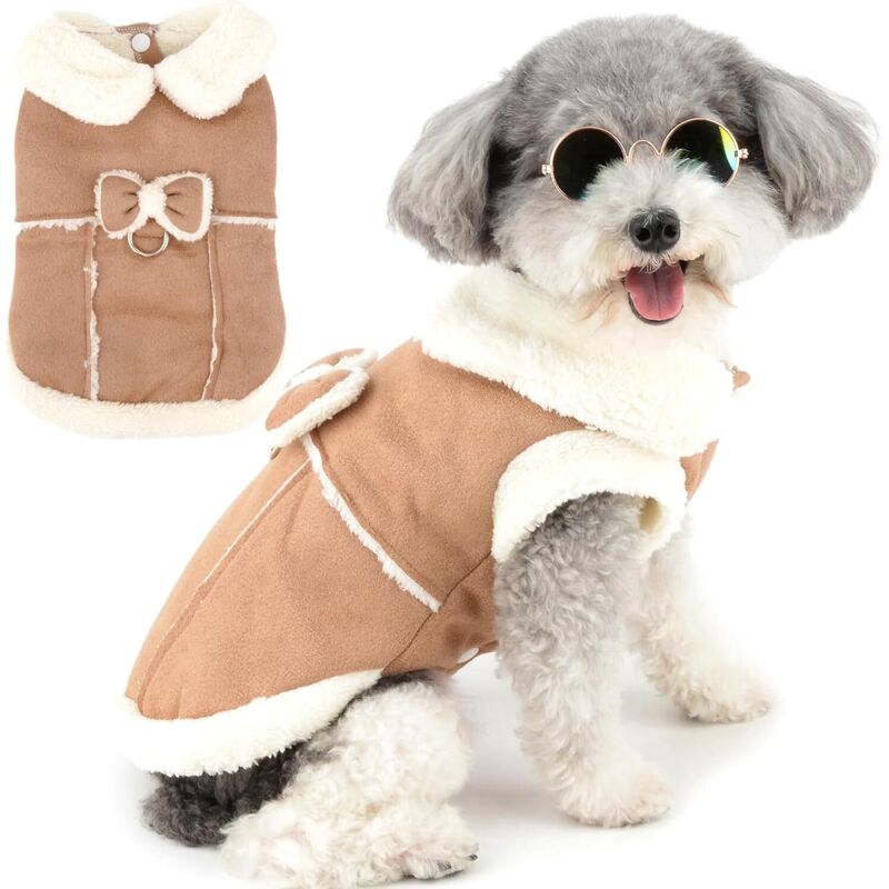 Wintermantel aus Fleece für kleine Hunde und Katzen mit D-Ring und Zierschleife – Welpen-Fleeceweste – Weich und warm – Winddicht – Für kaltes Wetter