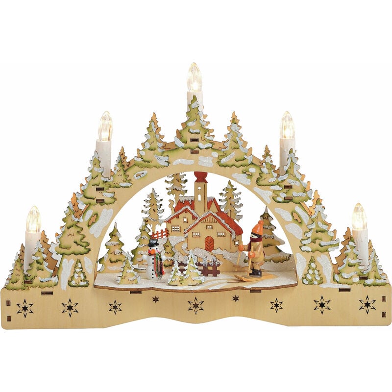 Led Holz Schwibbogen 'Winterlandschaft' - 35 cm - Weihnachts Dorf Szene mit 5 led Kerzen beleuchtet