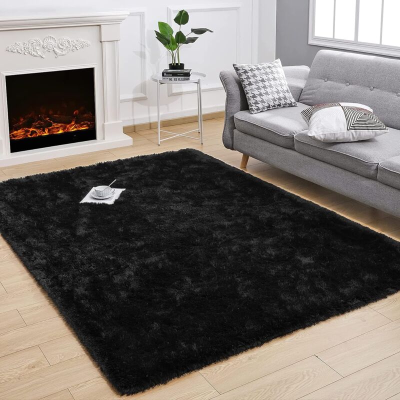 Jn.songs - Wohnzimmer Hochflor Teppich, Plüsch Shaggy Teppiche für Schlafzimmer, Wohnzimmer, Flur Schwarze - 80x200cm