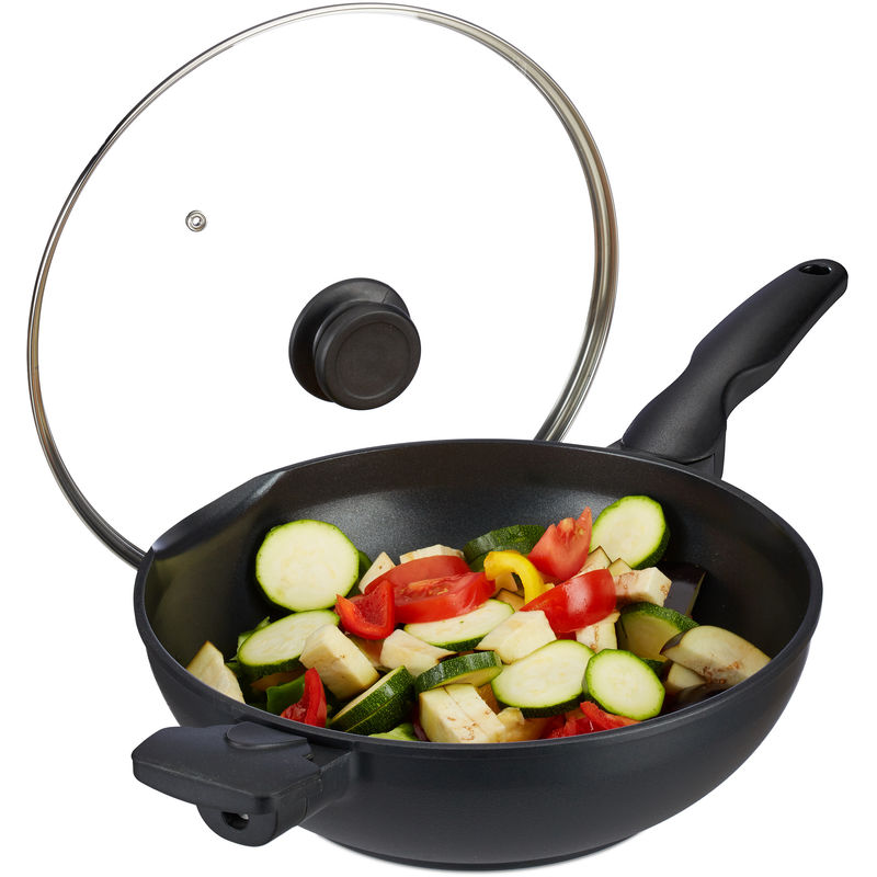 Wok Pfanne mit Glasdeckel 30 cm, Griffe, Antihaftbeschichtung, für Induktion, Gas-, Elektroherd, 4 l, schwarz - Relaxdays