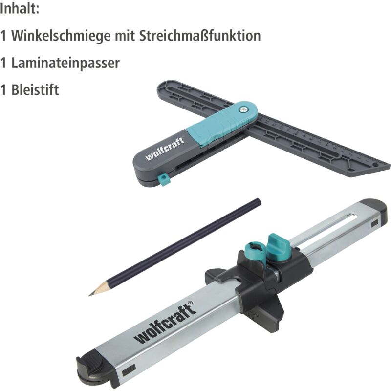 Wolfcraft - i Projekt-Set 'Winkel übertragen und Laminat einpassen' i 8660000 i Set für das einfache Verlegen von Vinyl und Laminat i Winkelschmiege