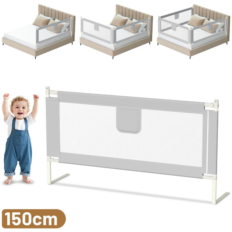 Wolketon Baby Bettgitter 150cm Einziehbare Babybettgitter Kinder Bettgitter Bettschutzgitter Höhenverstellbar Rausfallschutz für Bett