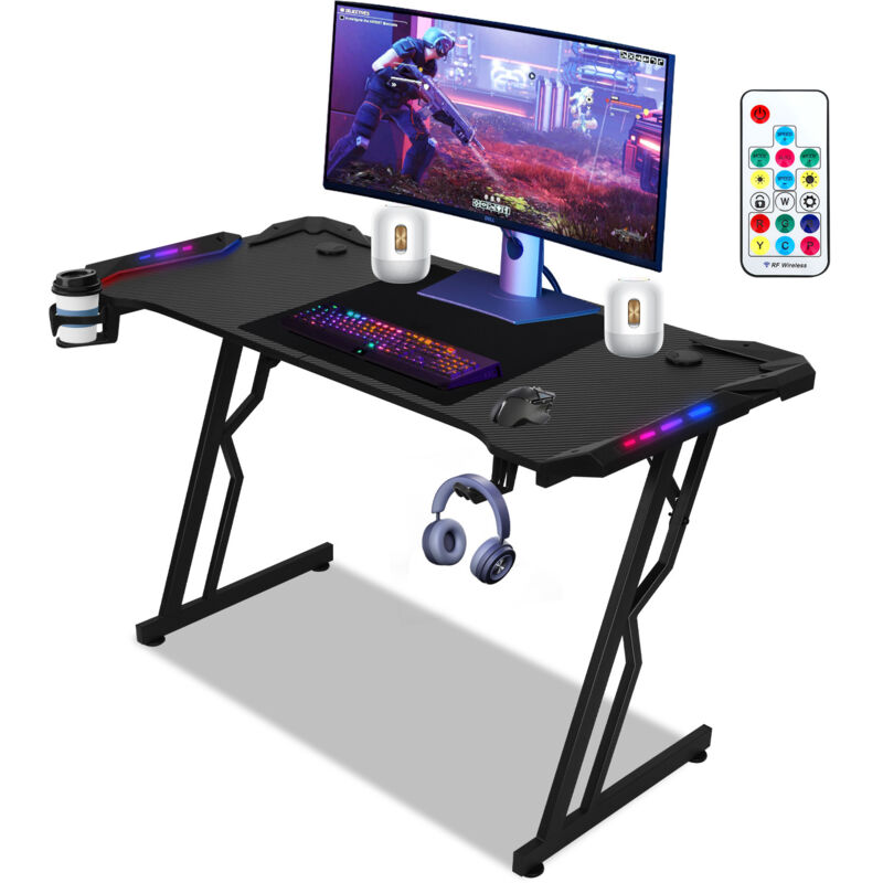 Wolketon Gaming Schreibtisch 140x60cm Gaming Tisch mit Mauspad Computertisch aus Stahl + MDF, met LED+Fernbedienung, Z-förmige