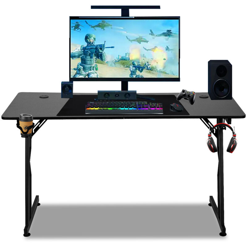 Wolketon Gaming Tisch, 140 x 60 cm großer Gaming-Schreibtisch mit Karbonfaserplatte, ergonomischer Computertisch mit Mauspad, Getränkehalter und