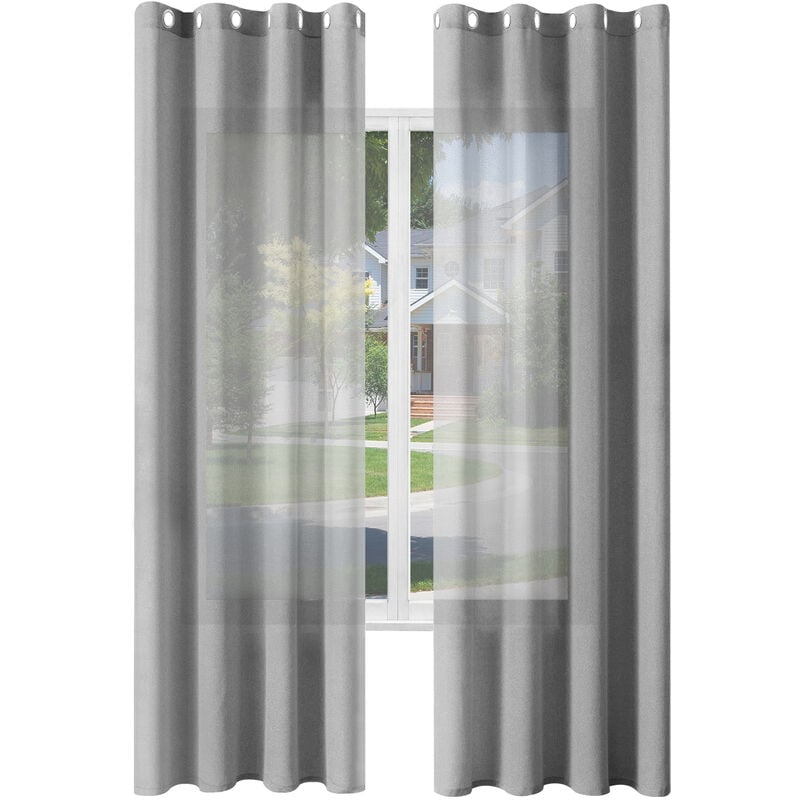 WOLTU 2er Gardinen Leinenoptik Vorhänge Halbtransparent Gardine mit Ösen für Schlafzimmer Wohnzimmer 135x175 cm Grau