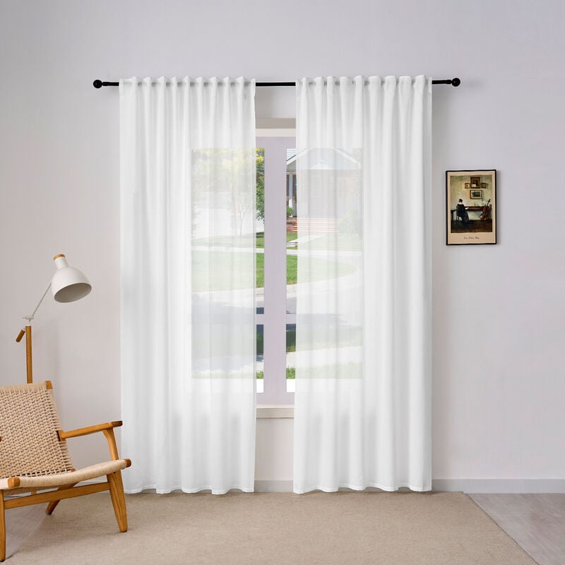 2er Gardinen Leinenoptik Vorhänge Halbtransparent Gardine mit Ösen für Schlafzimmer Wohnzimmer 135x225cm Weiß - Weiß - Woltu