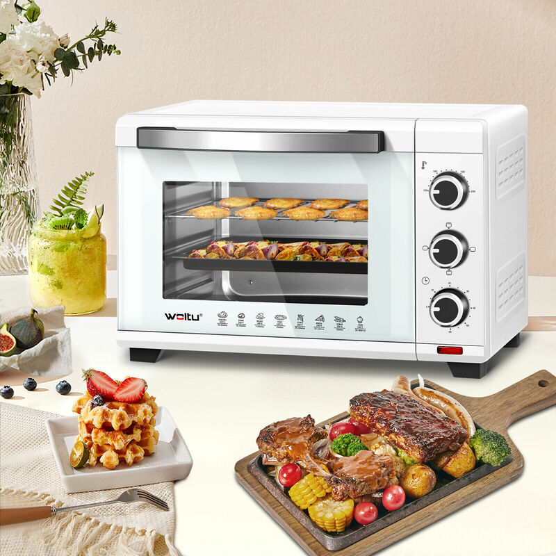 WOLTU Mini Backofen 28L, Pizzaofen inkl. Backblech Grillrost Krümelblech Rostheber, 1600 W, 100-230 °C, Timer 0-60 Min, 3 Heizmodi Weiß