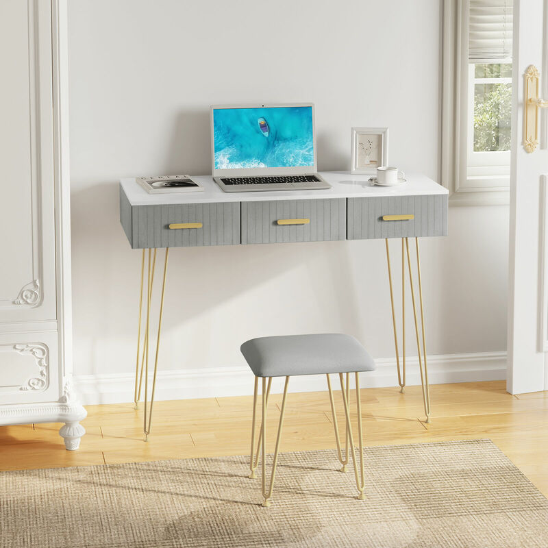 Schminktisch Frisiertisch mit 3 Farben led Beleuchtung Spiegel Samthocker, Kosmetiktisch mit 3 Schublade, Kommode Make-up Tisch, Grau - Grau - Woltu