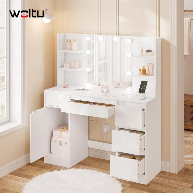 Schminktisch, Frisiertisch mit Beleuchtung und Steckdose, Einstellbarer Helligkeit, Kosmetiktisch mit Spiegel, 5 Schubladen, 4 Ablagen,