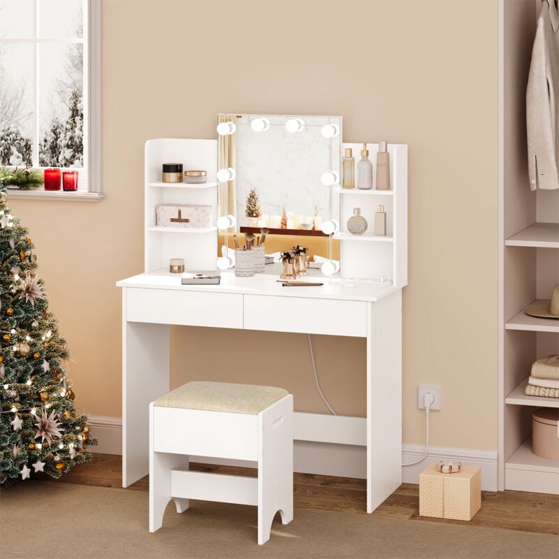 Schminktisch, Frisiertisch mit LED-Beleuchtung, Steckdosen, Kosmetiktisch mit Spiegel, 2 Schubladen 4 Ablagen, Frisierkommode, 90x135x40 cm, Weiß